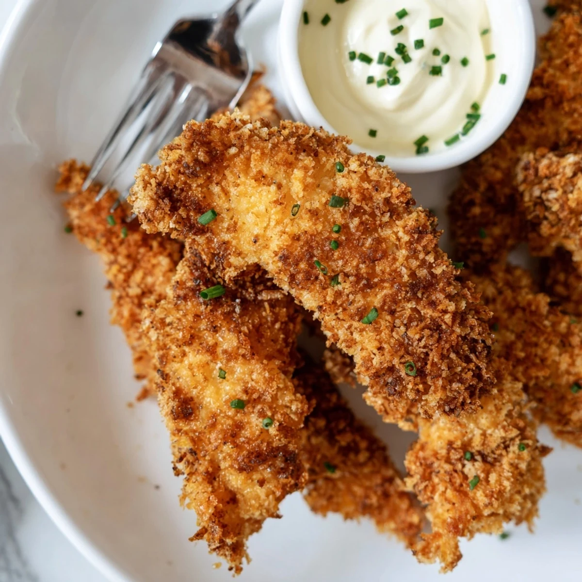 Crispy Chicken Tenders with Dip are golden and crunchy, served on a plate with creamy homemade sauce.
