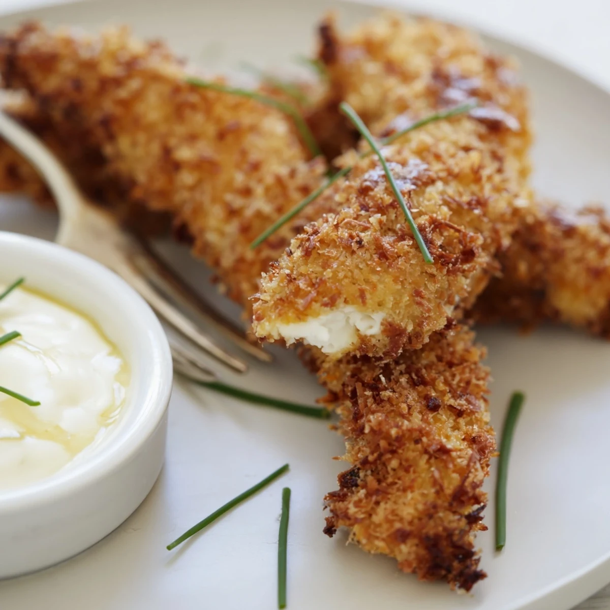 A close-up of Crispy Chicken Tenders with Dip, showing juicy insides and panko-parmesan crust.