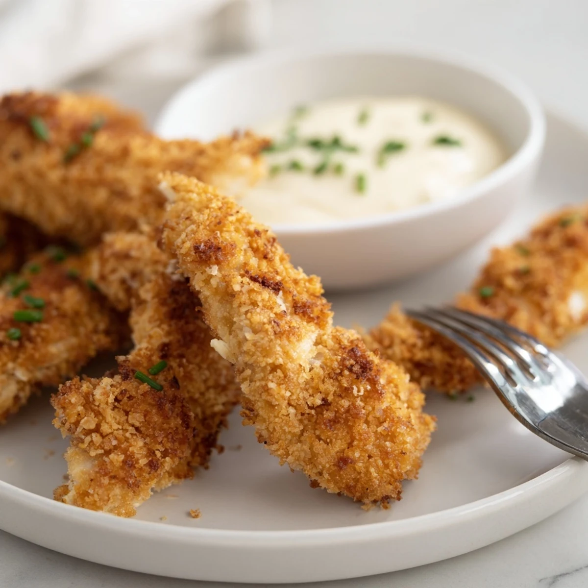 Family-style platter of Crispy Chicken Tenders with Dip, perfect party snack with fresh chive garnish.