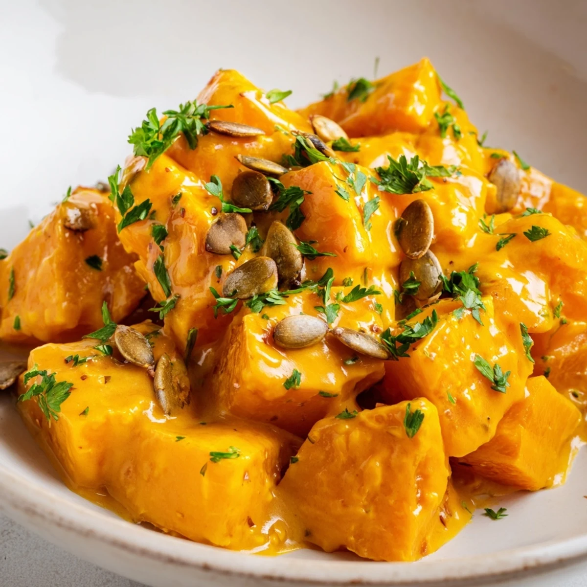 Creamy pumpkin with spice simmering in a skillet, featuring tender orange cubes in a velvety, warm-hued sauce.