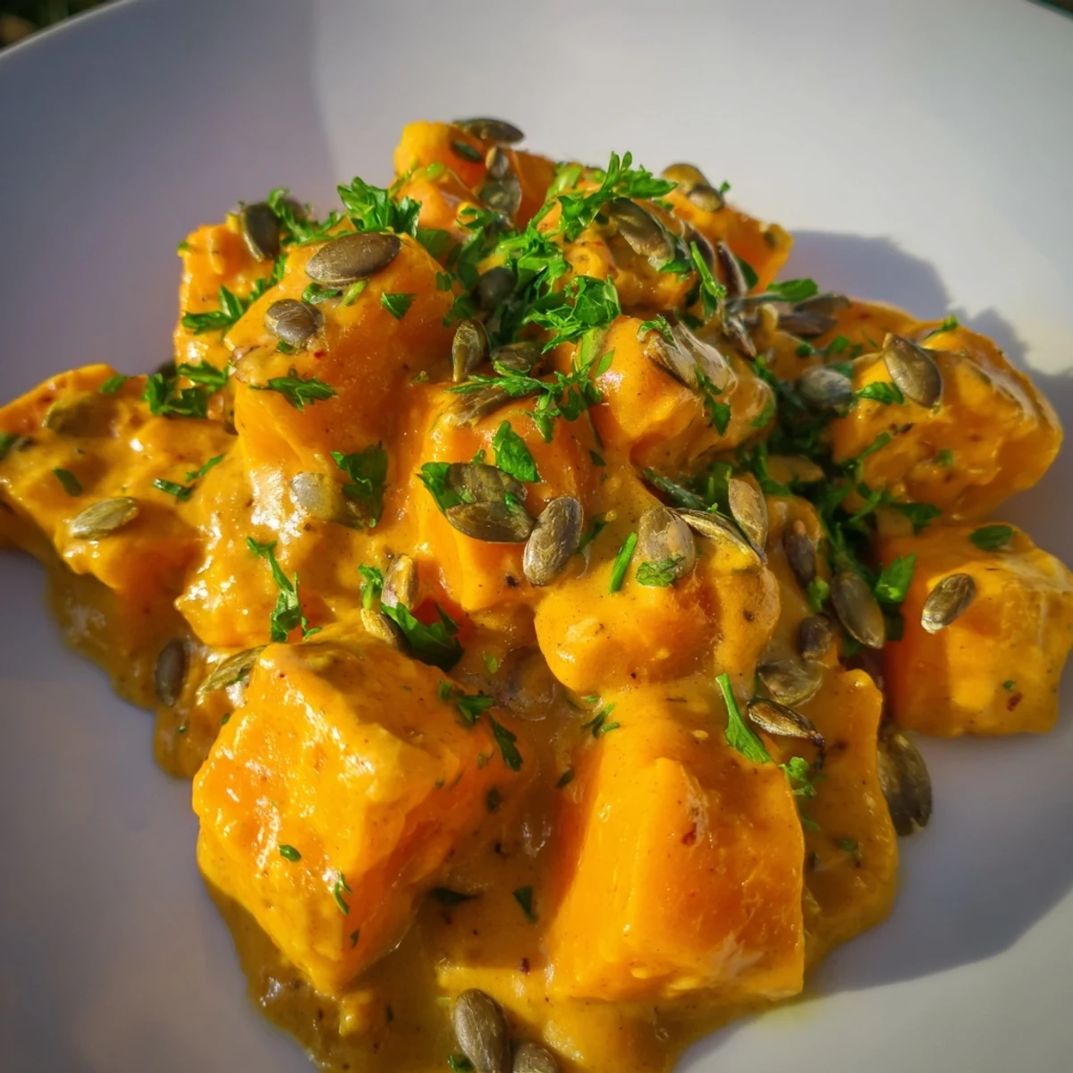 Luscious creamy pumpkin with spice garnished with fresh parsley and toasted seeds, ready to serve in a white dish.
