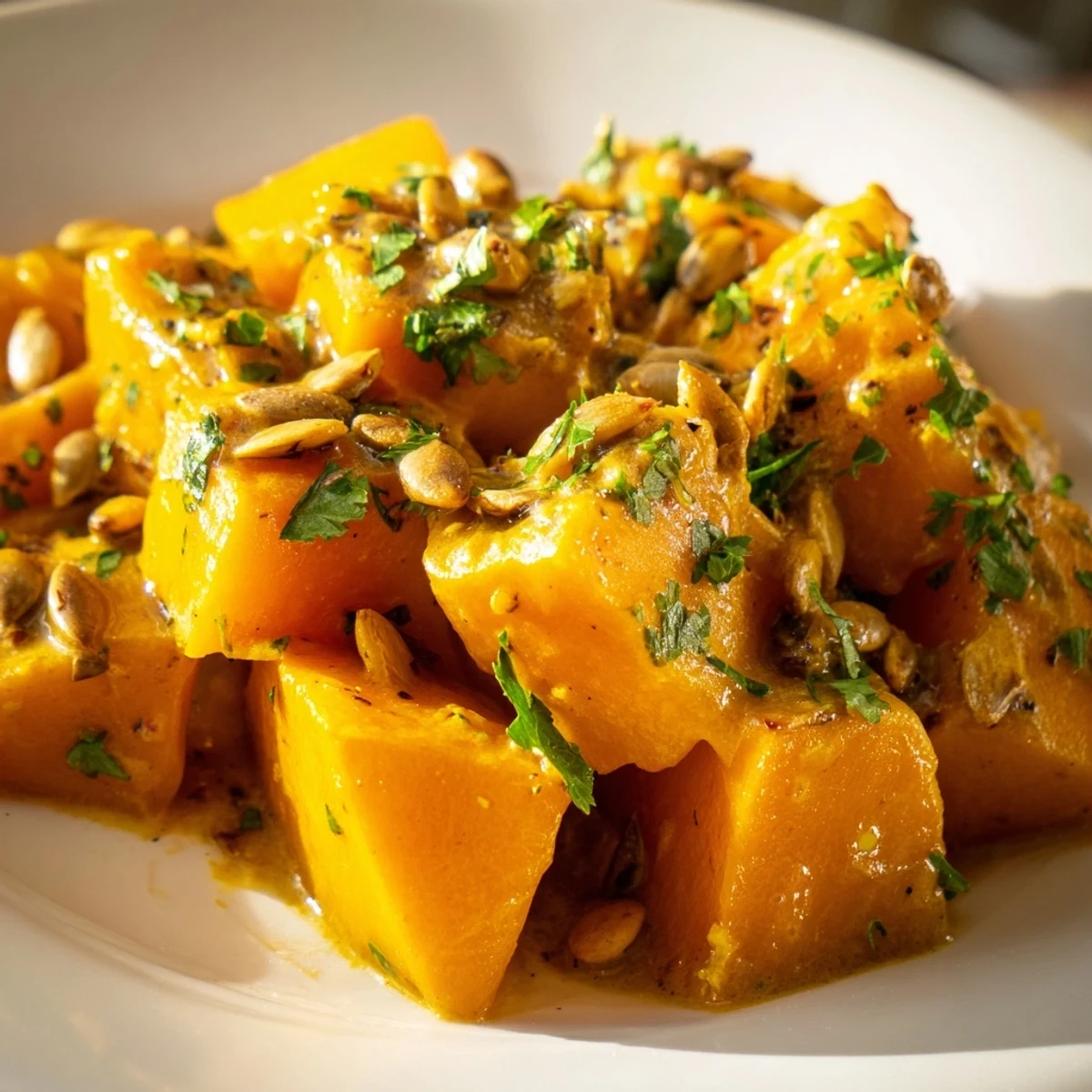 Close-up of creamy pumpkin with spice, showing smooth, velvety texture infused with cinnamon, nutmeg, ginger, and cloves.