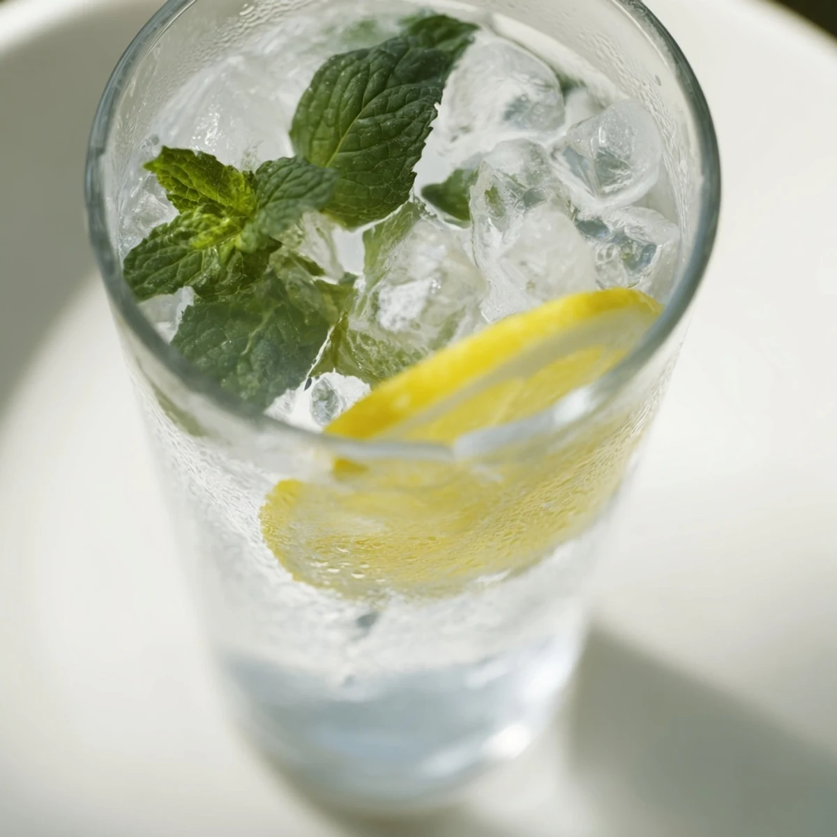 Clear glass pitcher filled with vibrant Lemonade with Mint, showcasing sliced lemons and muddled mint leaves alongside a full ice cube tray.