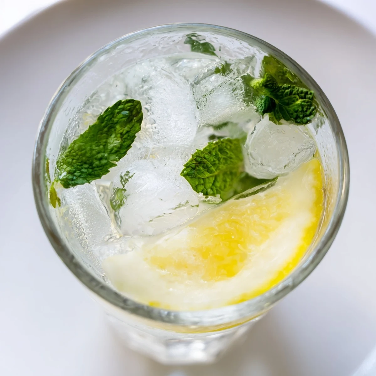 Close-up of Lemonade with Mint being poured over ice, highlighting the pale yellow color and floating mint leaves in a decorative glass.