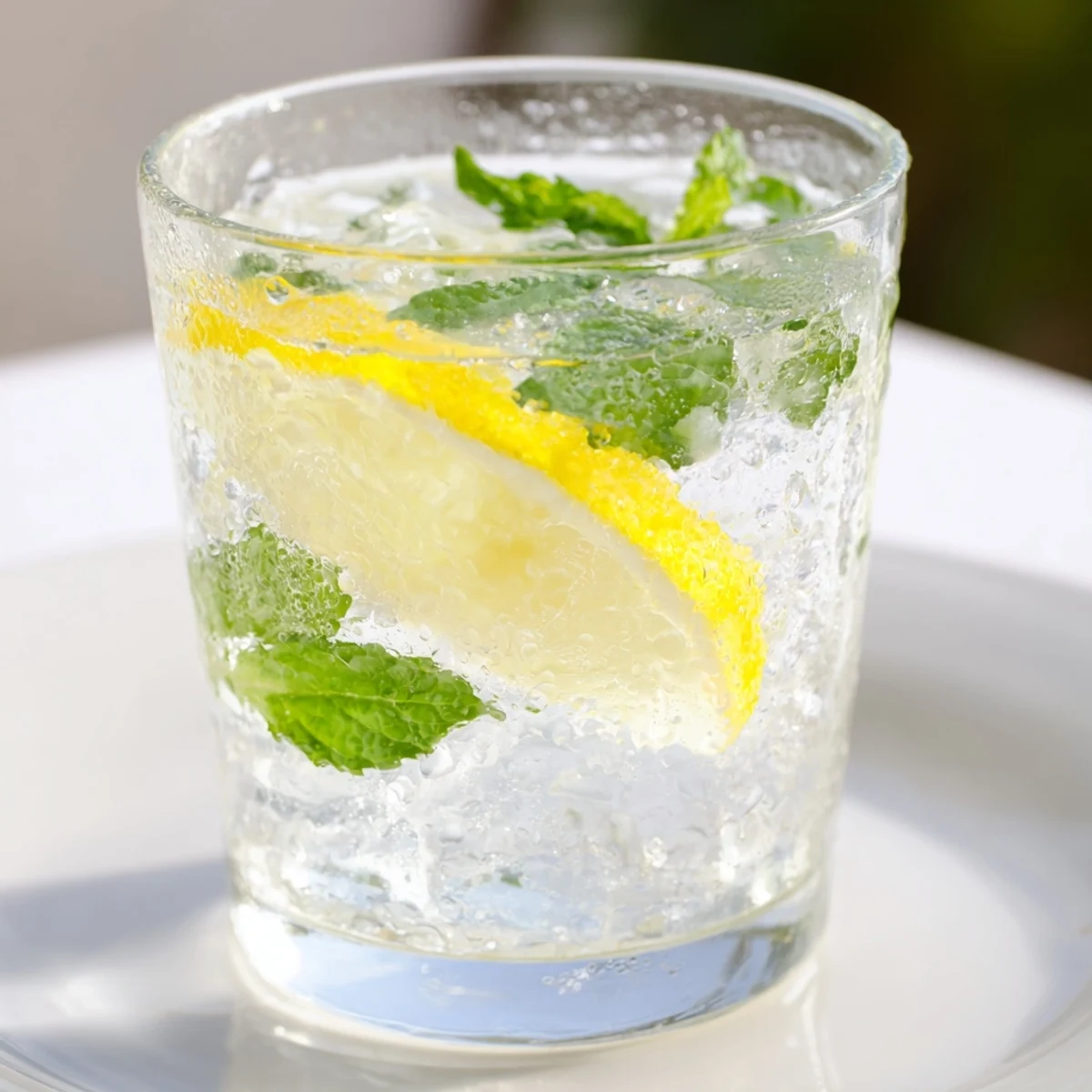 A tall glass of homemade Lemonade with Mint, garnished with fresh mint sprigs and lemon wheels, set on a sunny patio table.