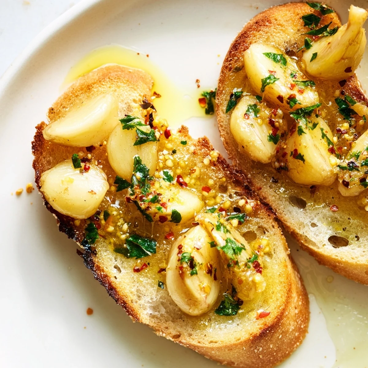 Golden roasted garlic cloves squeezed over toasted sourdough slices, garnished with fresh parsley and a drizzle of olive oil.