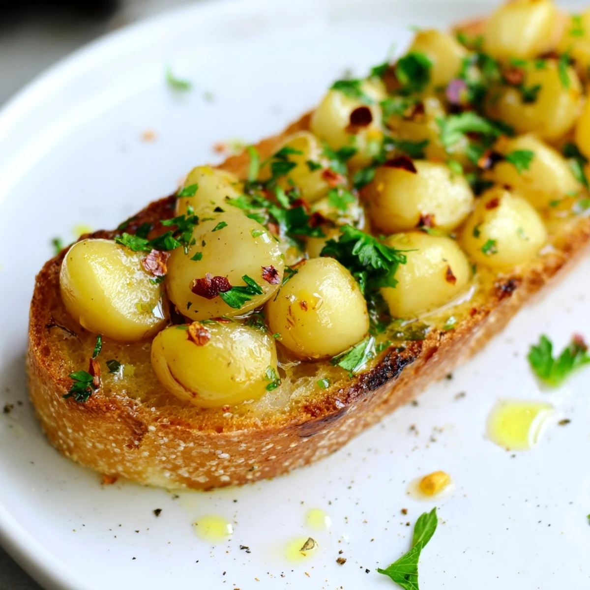 Warm toasted bread topped with sweet, soft roasted garlic and a pinch of red pepper flakes on a wooden board.