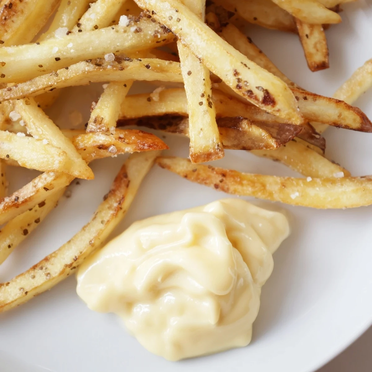 Golden brown baked russet fries with a creamy garlic mayo dip on a rustic wooden table.