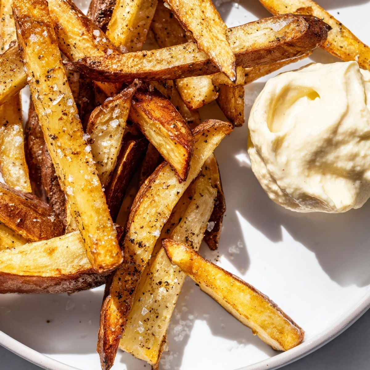Homemade garlic mayo with fries piled high on a sheet pan, served warm for dipping.