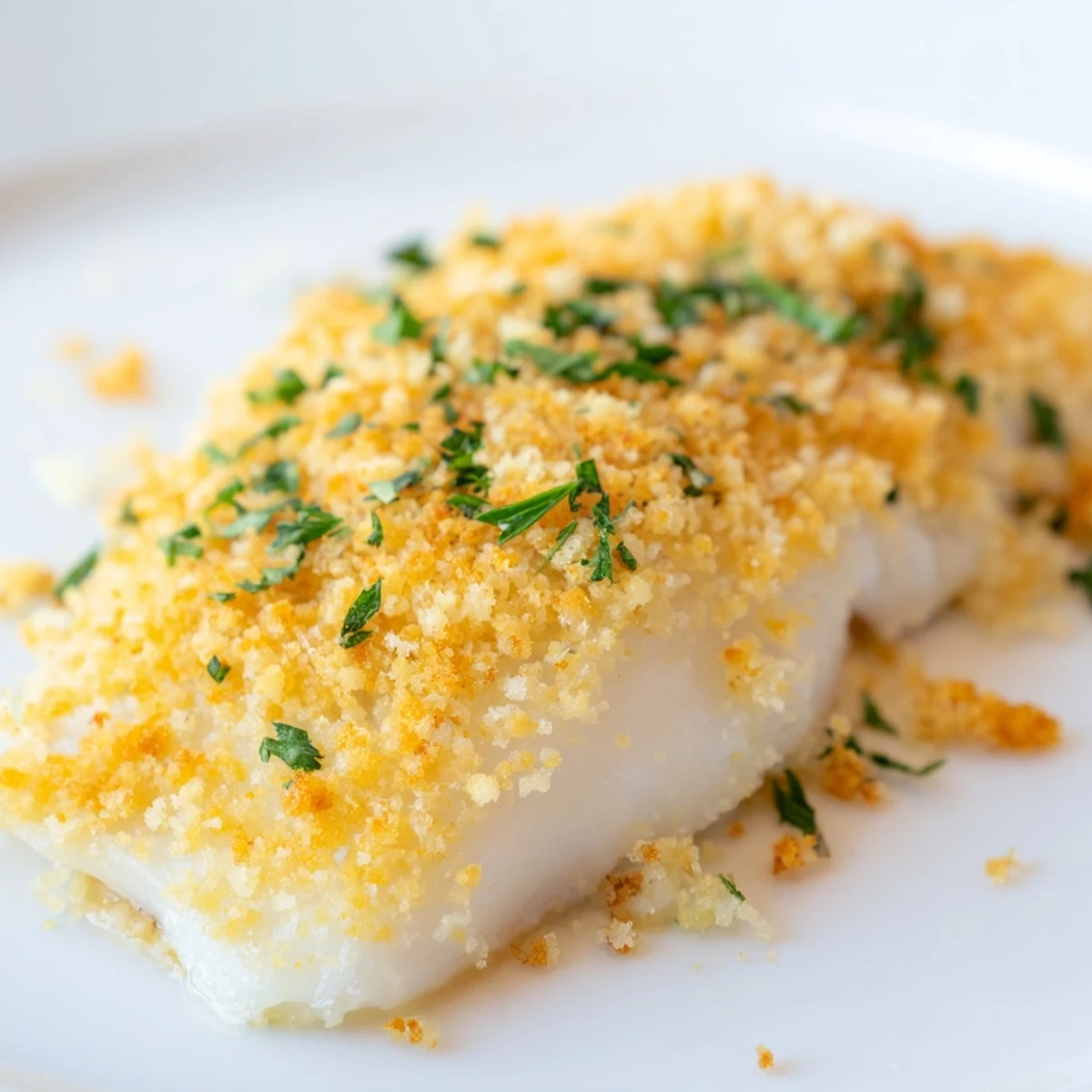 Tender Baked Haddock with Breadcrumbs served alongside roasted potatoes and steamed green beans.