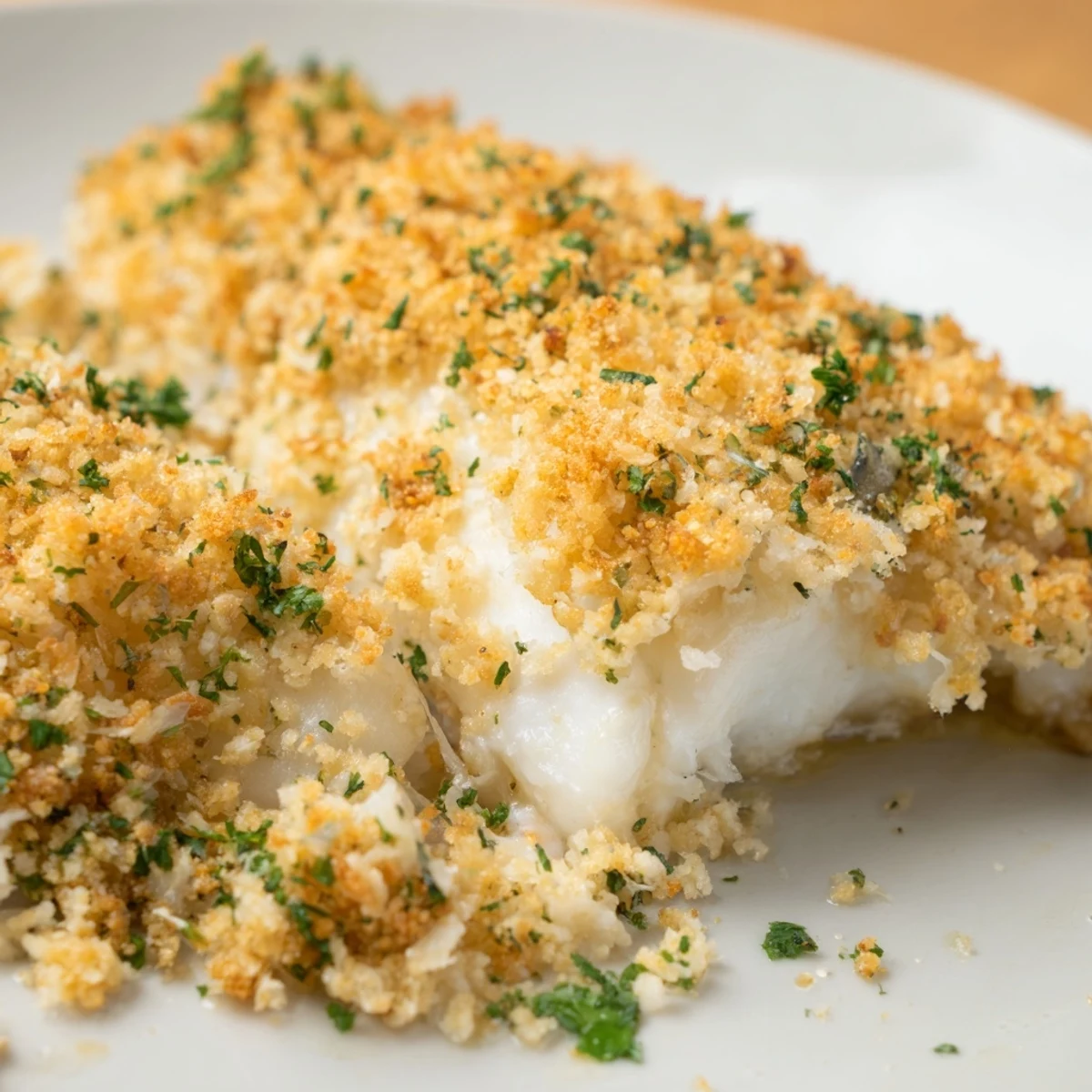 Flaky Baked Haddock with Breadcrumbs fresh from the oven, featuring a crispy, savory topping.