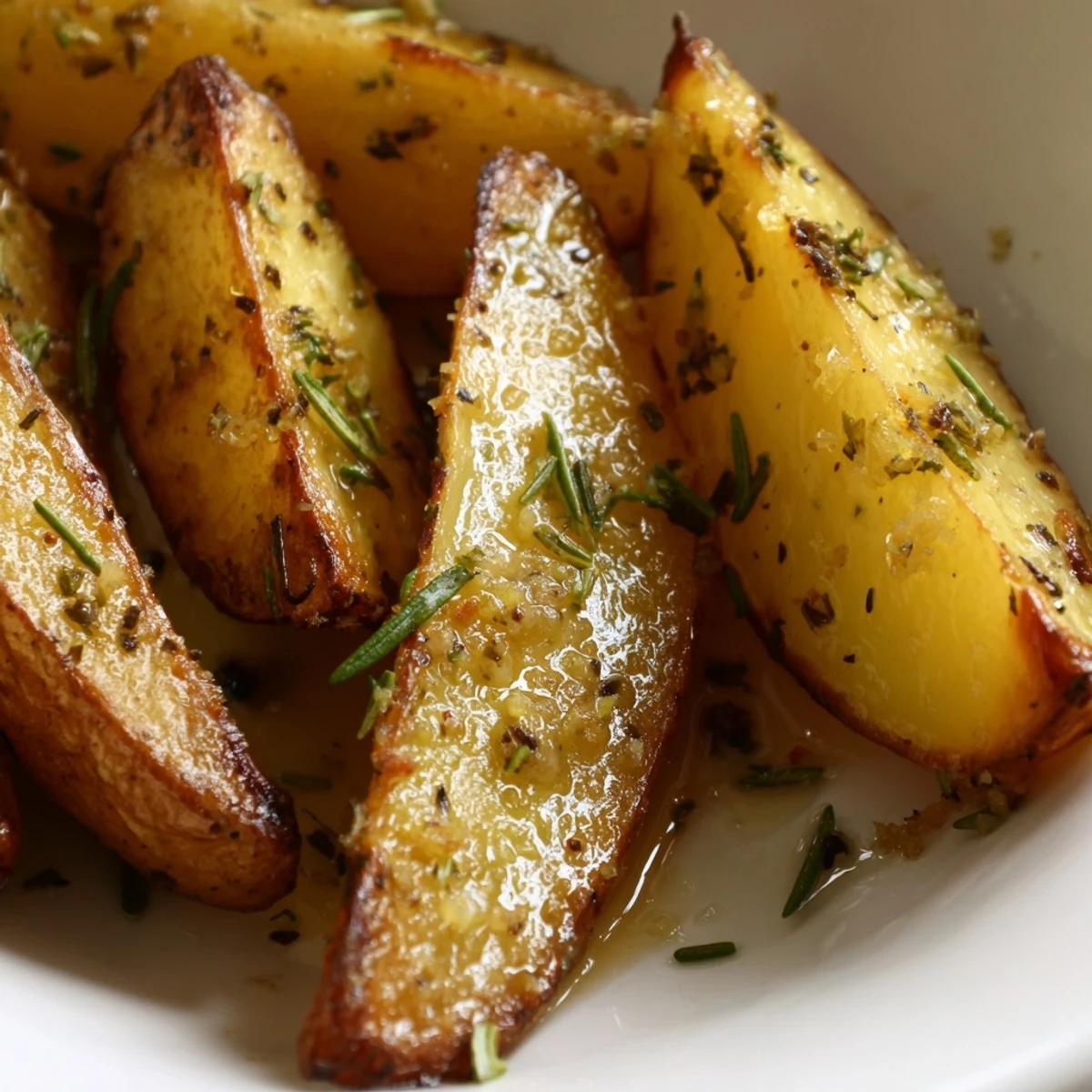 Crispy golden lemon potatoes with rosemary roasted to perfection on a platter, ready to serve alongside grilled chicken for dinner.