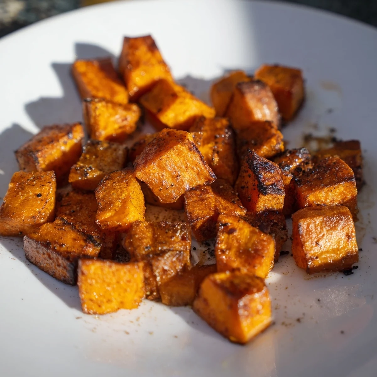 Crispy Sweet Potatoes with Cinnamon tossed in olive oil, maple syrup, and smoked paprika on a wooden cutting board.