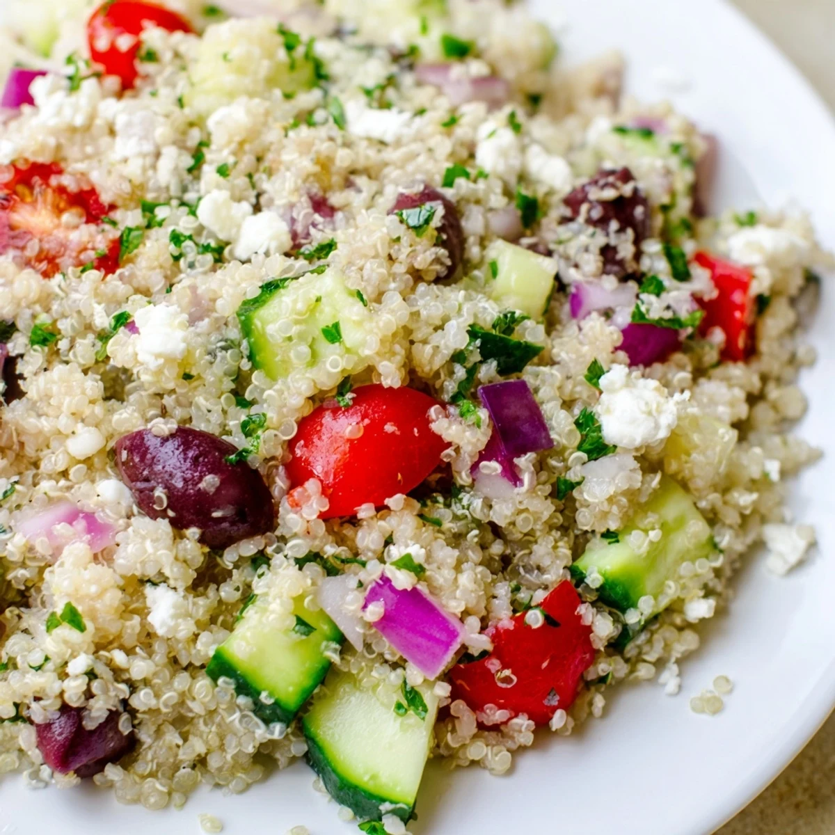 A vibrant Mediterranean Quinoa Salad with tomatoes, cucumbers, and briny olives topped with crumbled feta.
