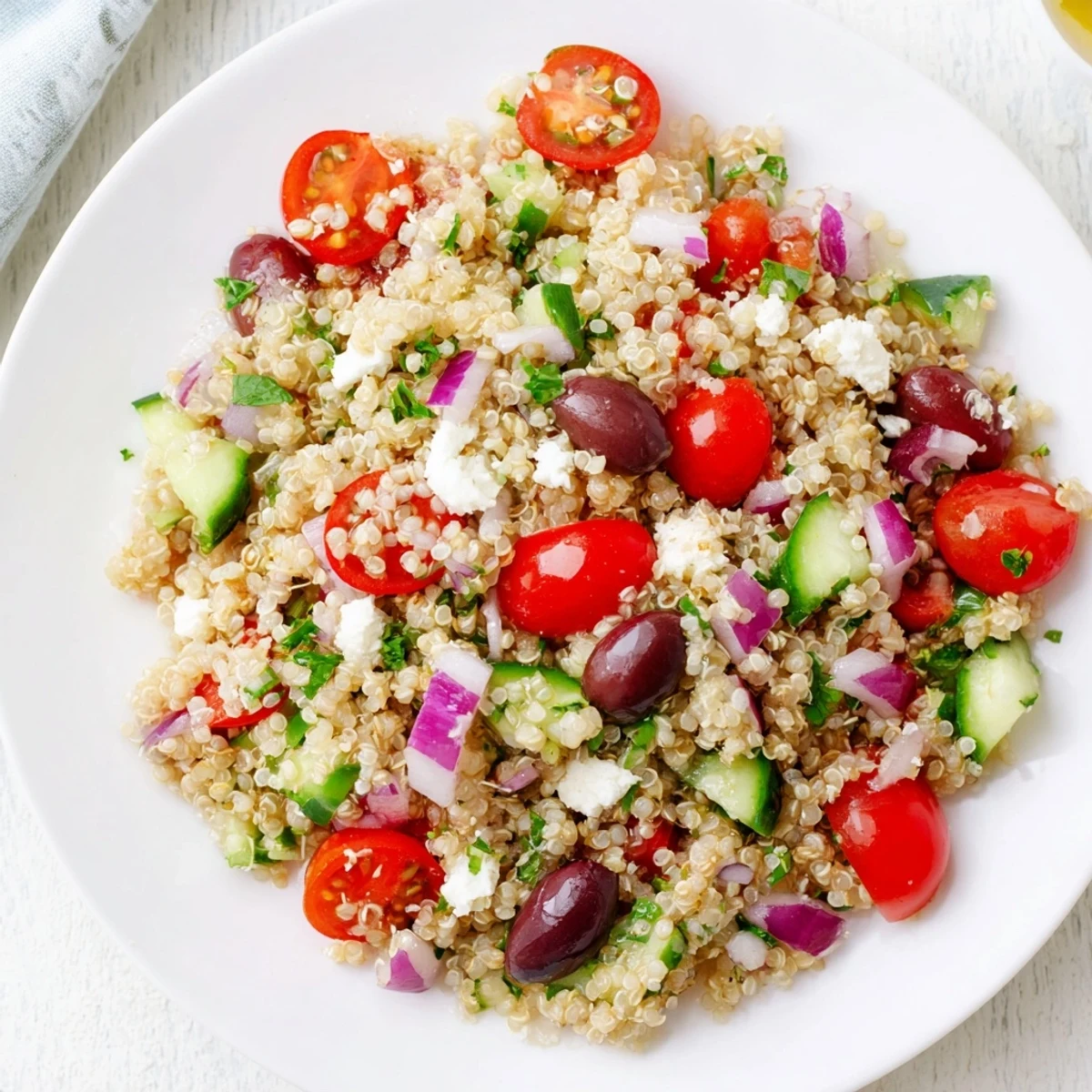 Healthy Mediterranean Quinoa Salad with tomatoes and cucumbers served as a fresh lunch next to crusty bread.
