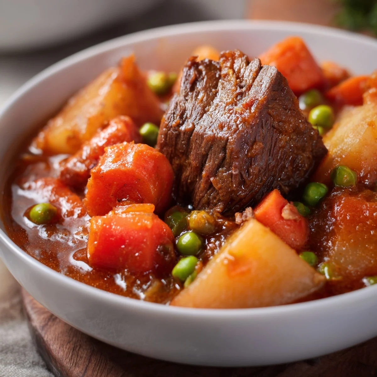 Hearty Slow Cooker Beef Stew in a rustic pot, surrounded by fresh thyme sprigs and crusty bread for a comforting family meal.