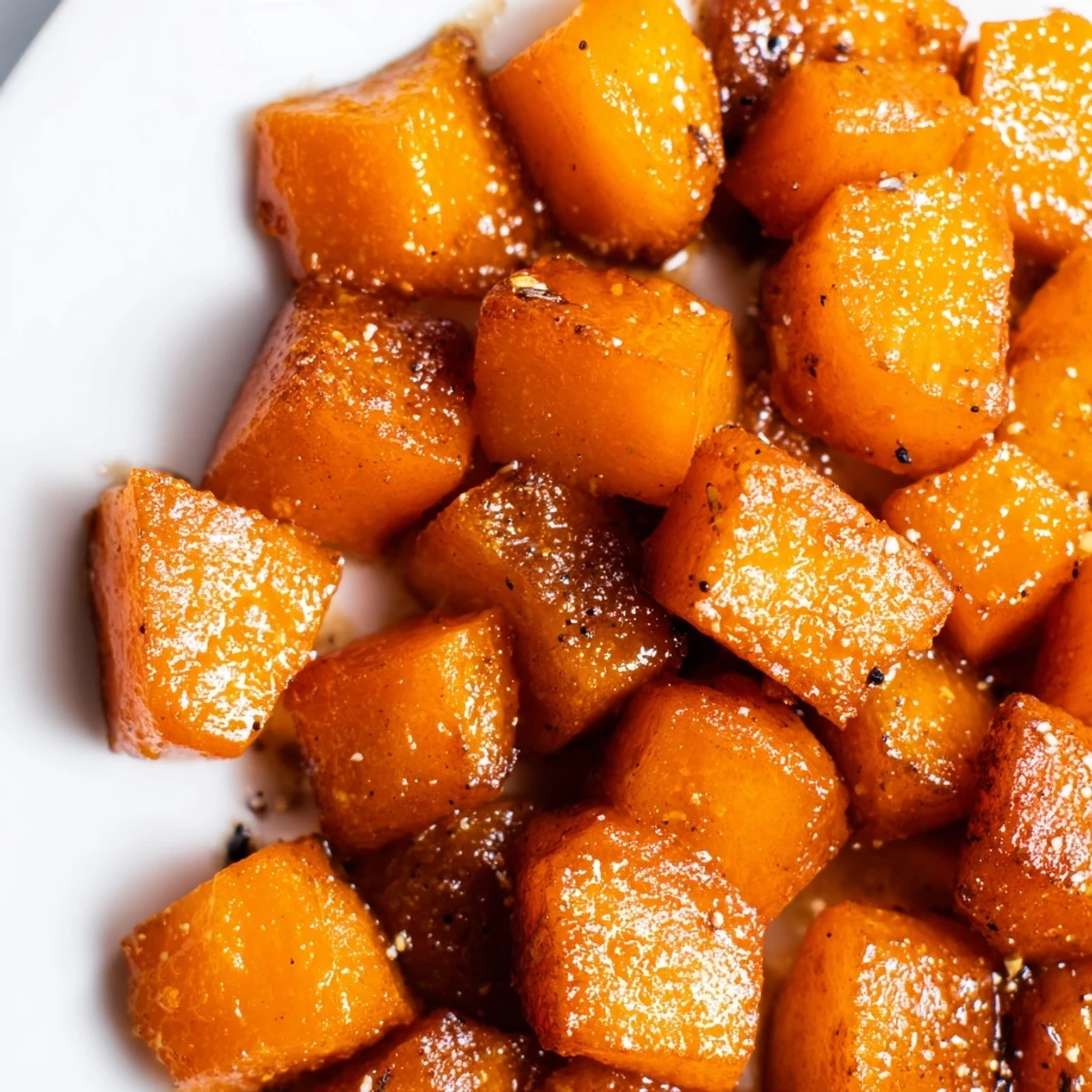 Freshly roasted butternut squash cubes glisten with brown sugar glaze and warm spices on a baking sheet.