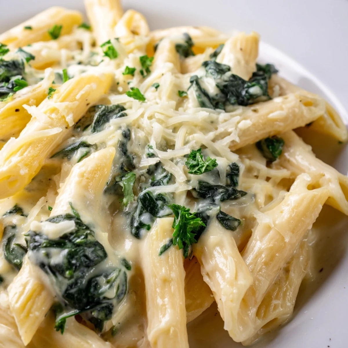Creamy Spinach and Cheese Pasta twirls in a bowl, coated in velvety sauce and topped with fresh herbs.