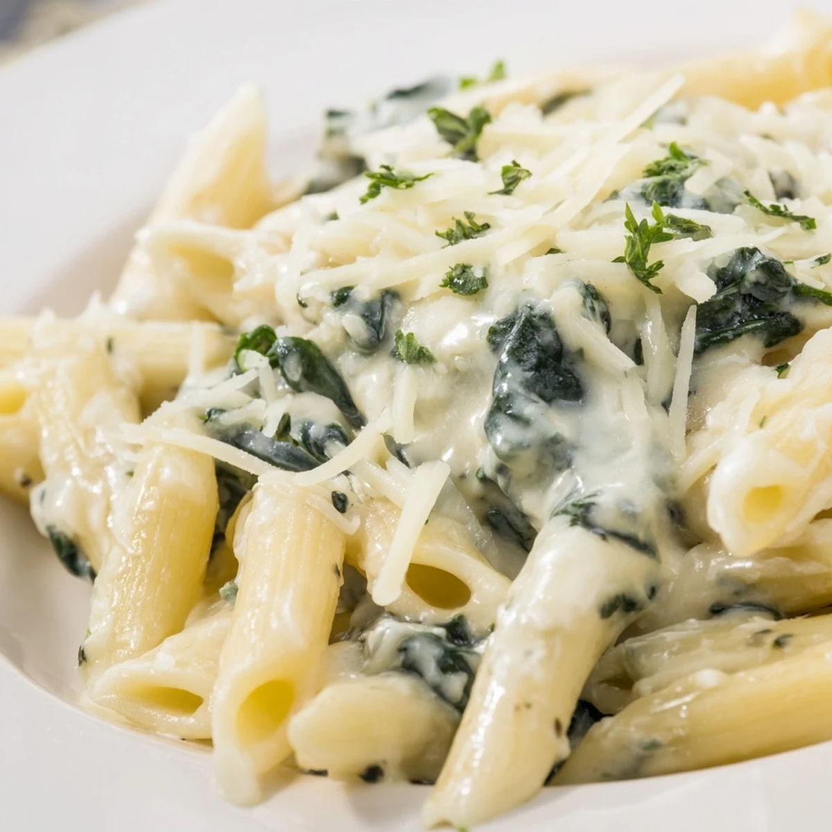Steaming Creamy Spinach and Cheese Pasta rests on a white plate, garnished with extra Parmesan and basil.