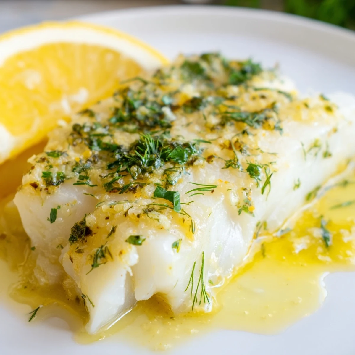 Flaky baked cod fillets in a lemon butter sauce, garnished with fresh parsley and dill on a white plate.