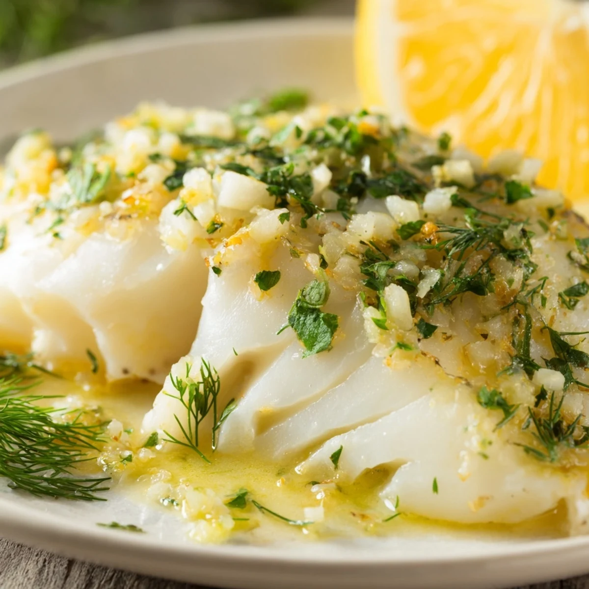 Bright lemon butter sauce bubbling over tender baked cod in a ceramic dish, ready to be served immediately.