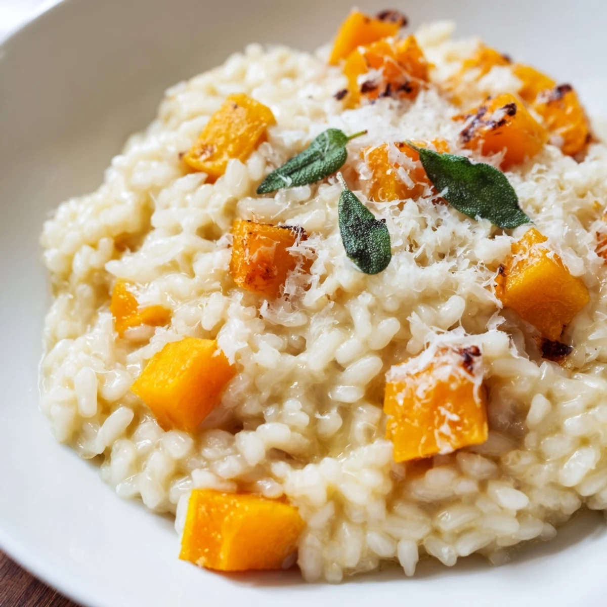 Golden-brown roasted butternut squash risotto in a rustic bowl, topped with fresh sage and grated Parmesan cheese.