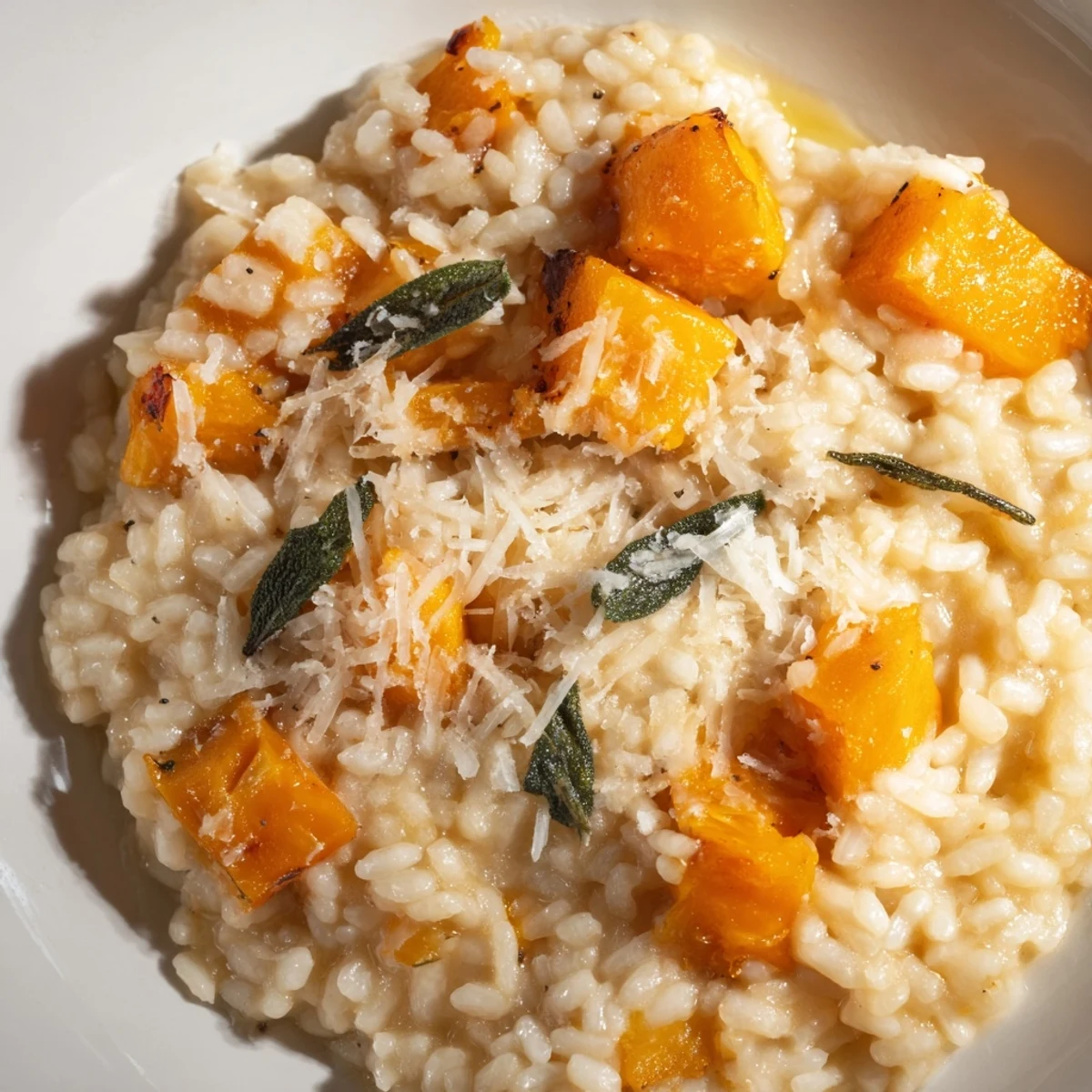 Creamy butternut squash risotto with tender roasted cubes, served steaming hot alongside a glass of crisp white wine.