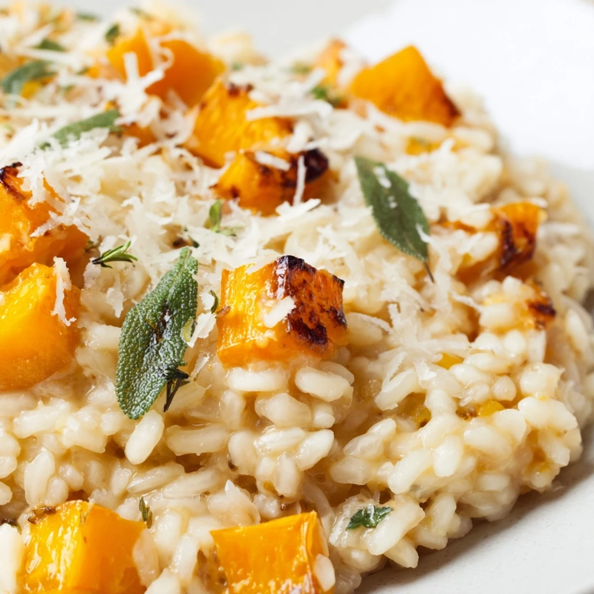 Hearty roasted butternut squash risotto with sage, Parmesan, and butter, ready to serve as a comforting Italian dinner.