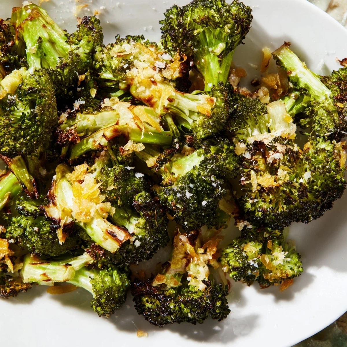 Zesty Lemon Garlic Roasted Broccoli roasted to crispy perfection on a baking sheet ready to serve.