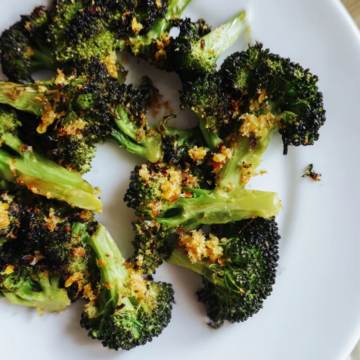 Golden Lemon Garlic Roasted Broccoli florets tossed with fresh herbs and parmesan on a serving dish.