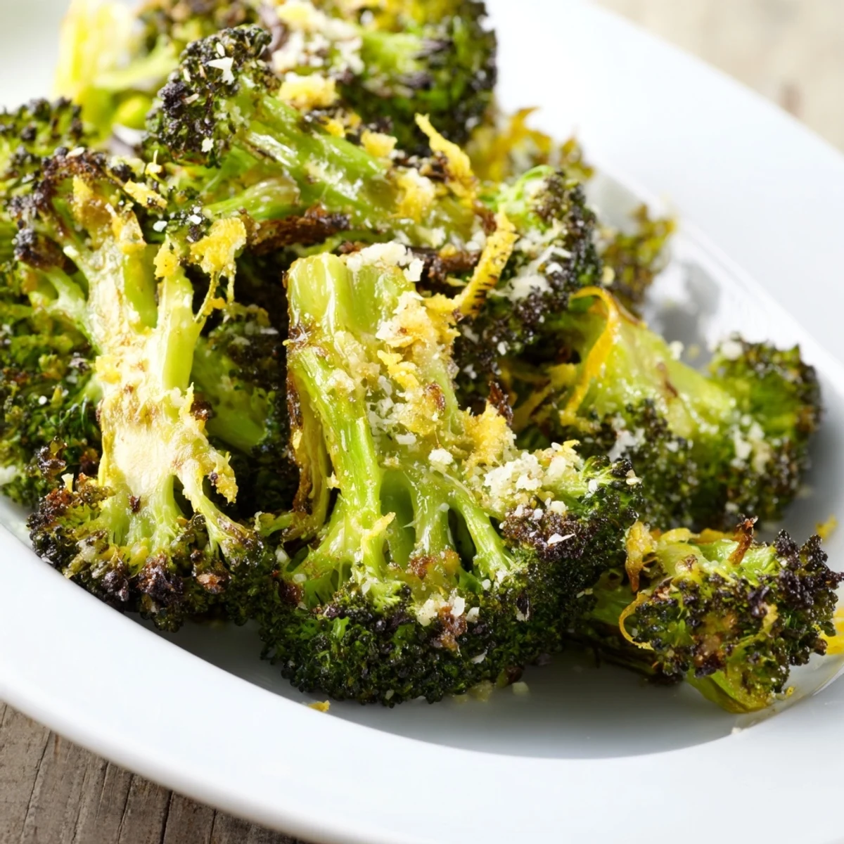 Close-up of vibrant Lemon Garlic Roasted Broccoli with lemon zest and minced garlic on a white plate.