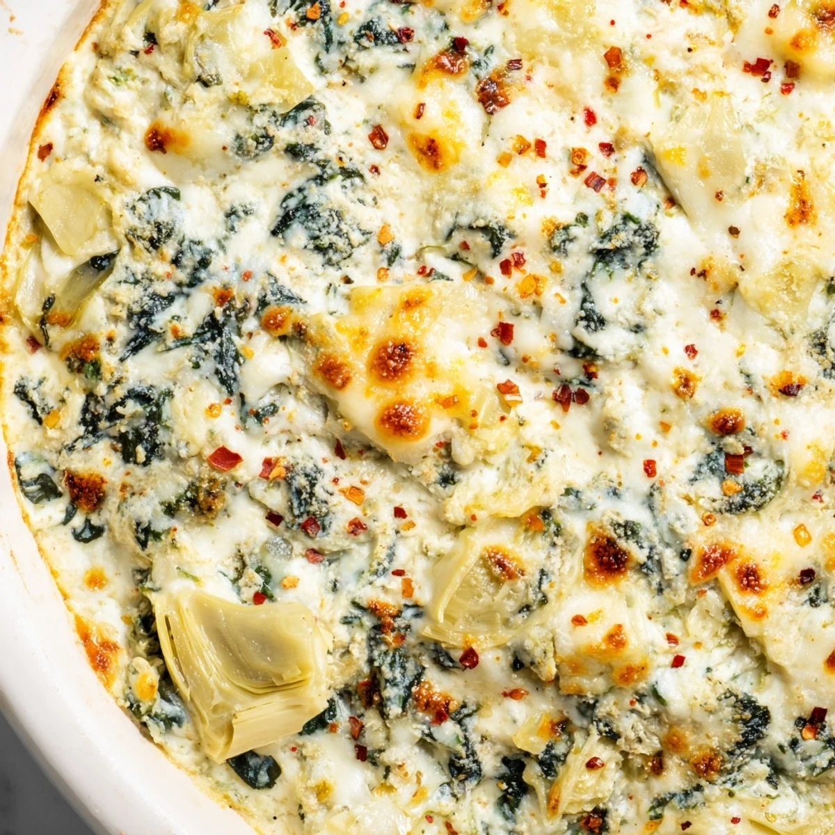 Creamy Spinach Artichoke Dip baked golden and bubbly, served warm with crisp tortilla chips and sliced baguette for dipping.