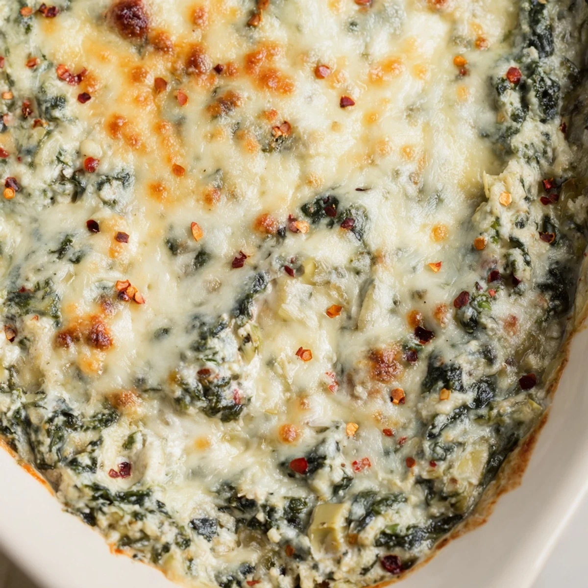 A spoon lifting a rich, cheesy Creamy Spinach Artichoke Dip with spinach and tender artichoke hearts from a warm casserole.