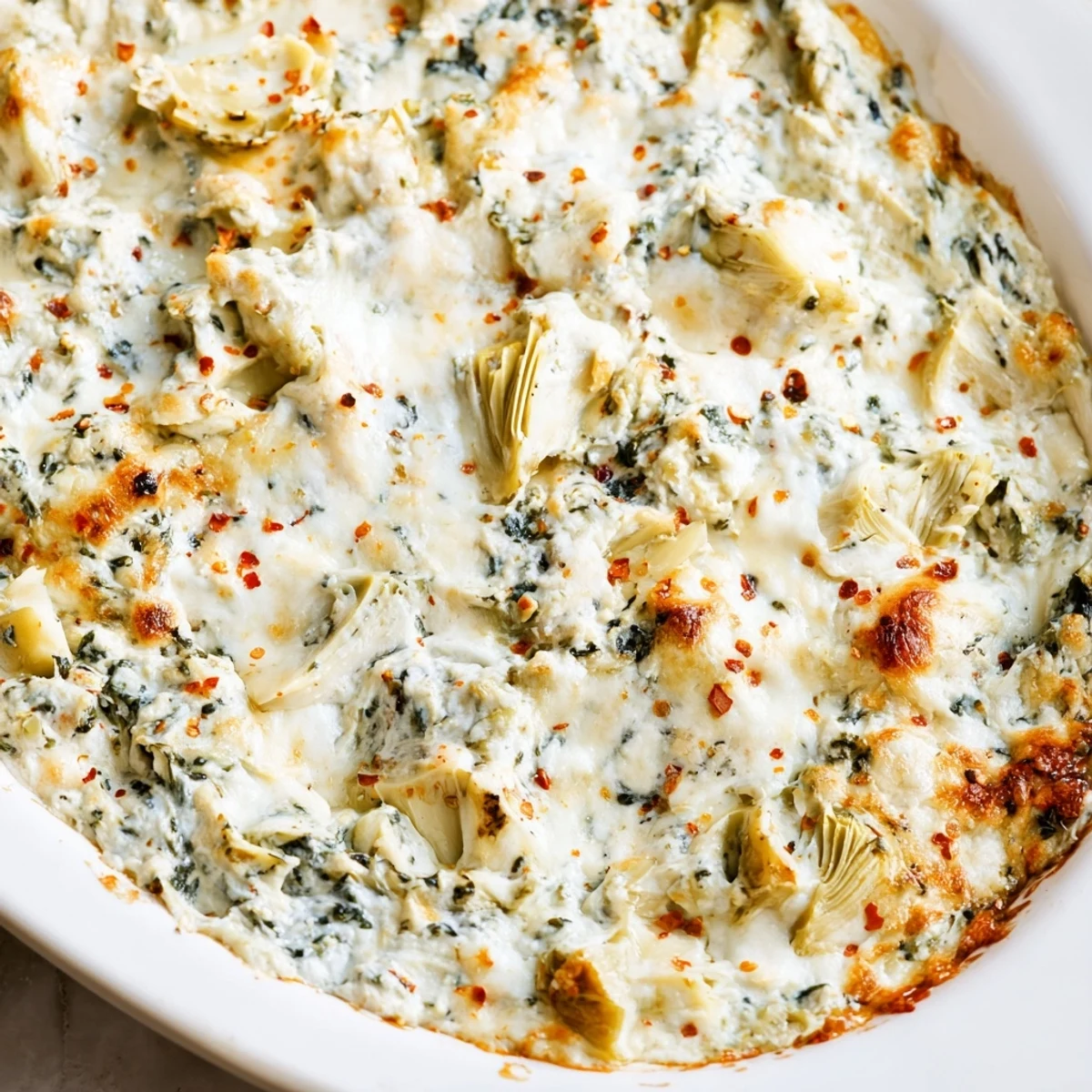 Golden-brown Creamy Spinach Artichoke Dip in a ceramic dish, garnished with mozzarella strings and artichoke pieces, ready for a party.
