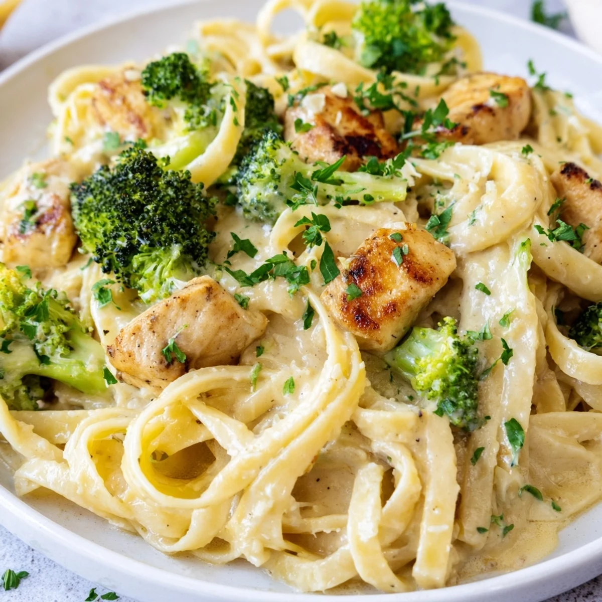 Creamy Chicken Alfredo with Broccoli is plated with golden chicken and tender green florets over fettuccine.