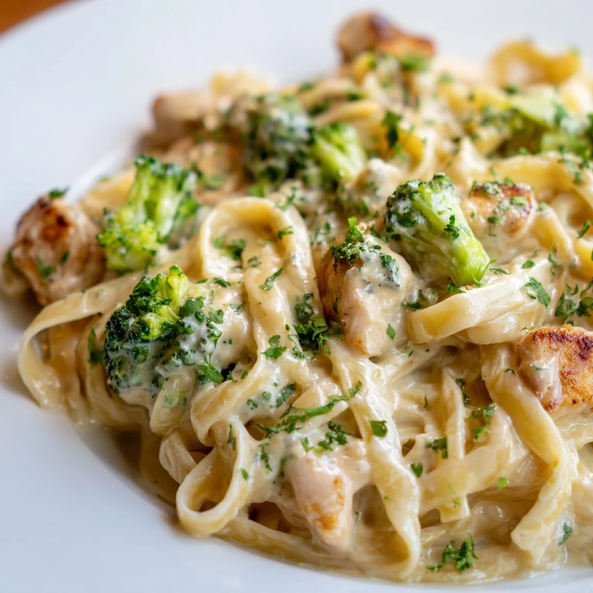 Steaming Chicken Alfredo with Broccoli shows a rich Parmesan sauce coating every strand of pasta.