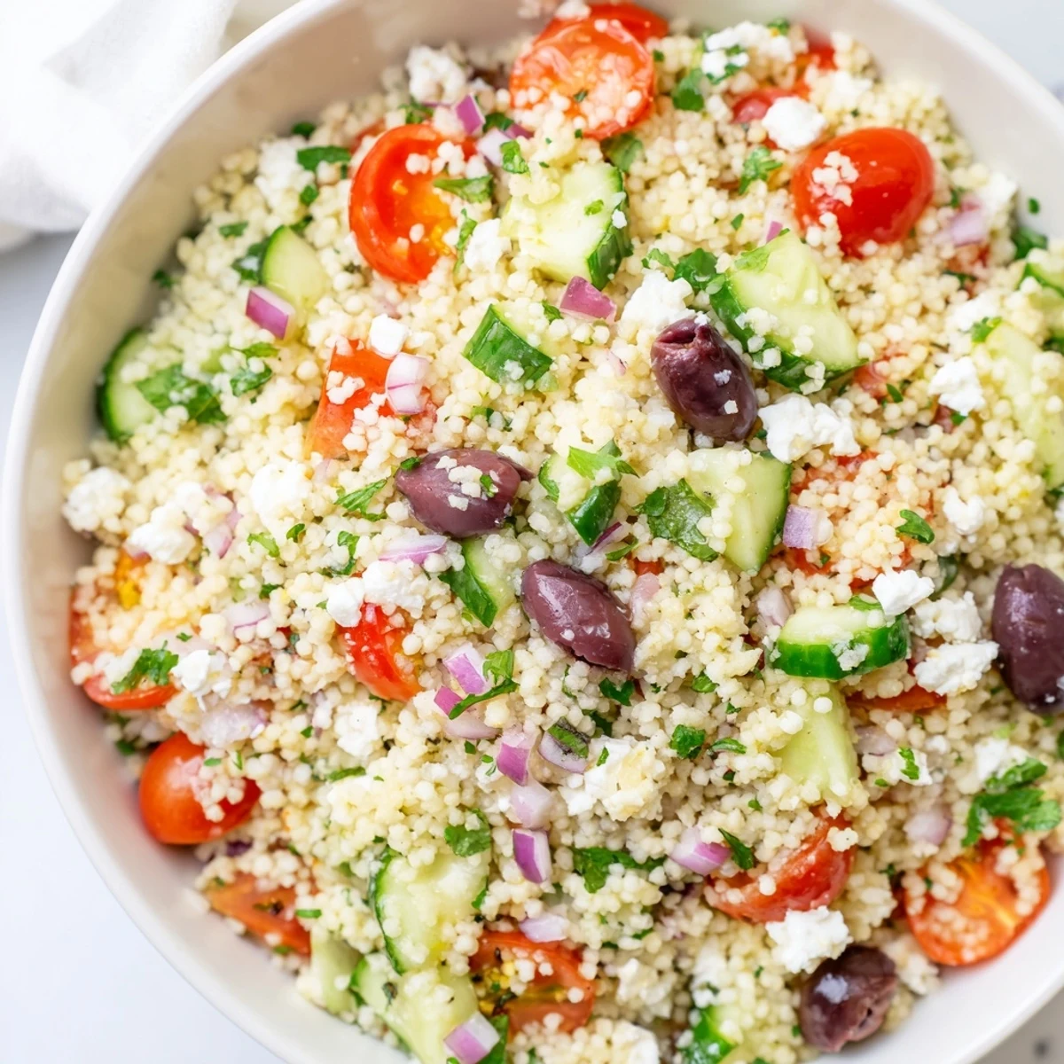 A close-up view of Mediterranean Couscous Salad in a white bowl, showing fluffy couscous, cherry tomatoes, cucumber, and crumbled feta cheese.