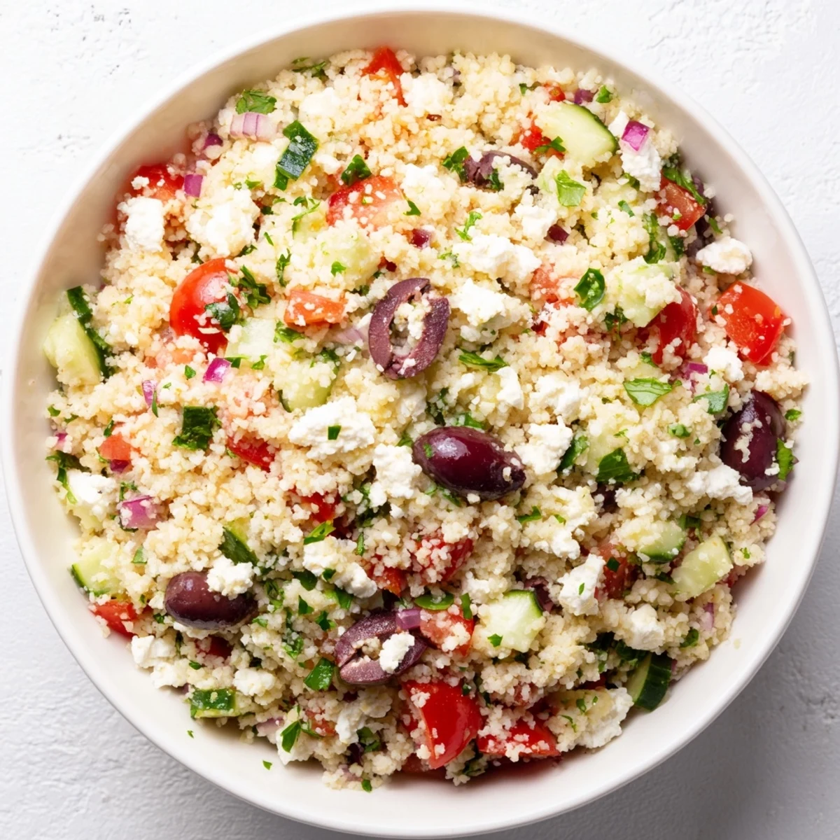 Freshly tossed Mediterranean Couscous Salad in a serving dish, topped with sliced Kalamata olives, red onion, and fresh mint leaves, ready to serve.
