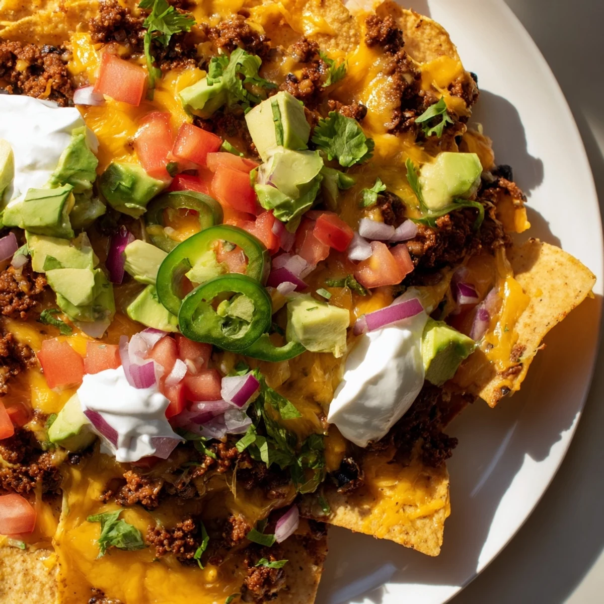 Golden tortilla chips topped with spiced ground beef and hearty black beans, finished with fresh cilantro and lime.