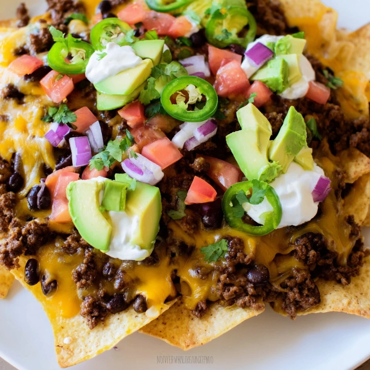 A close-up of sizzling hot Beef Nachos with Black Beans, ready to serve with creamy avocado and sour cream.