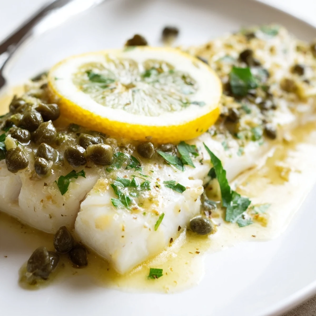Tender Baked Halibut with Lemon Capers flaking easily under a fresh parsley and lemon garnish.