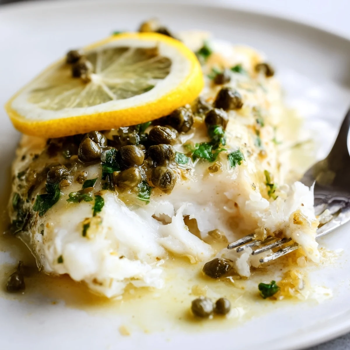 Sizzling Baked Halibut with Lemon Capers fresh from the oven on a rustic serving platter.