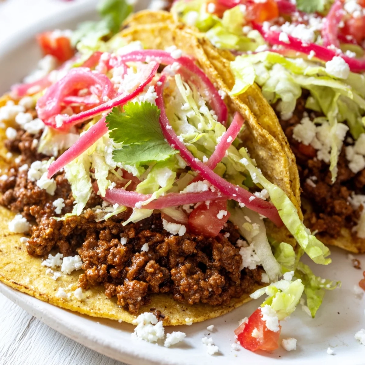Sizzling ground beef simmered with smoky spices is piled into warm tortillas and topped with crisp lettuce and tangy pickled onions for Beef Tacos.