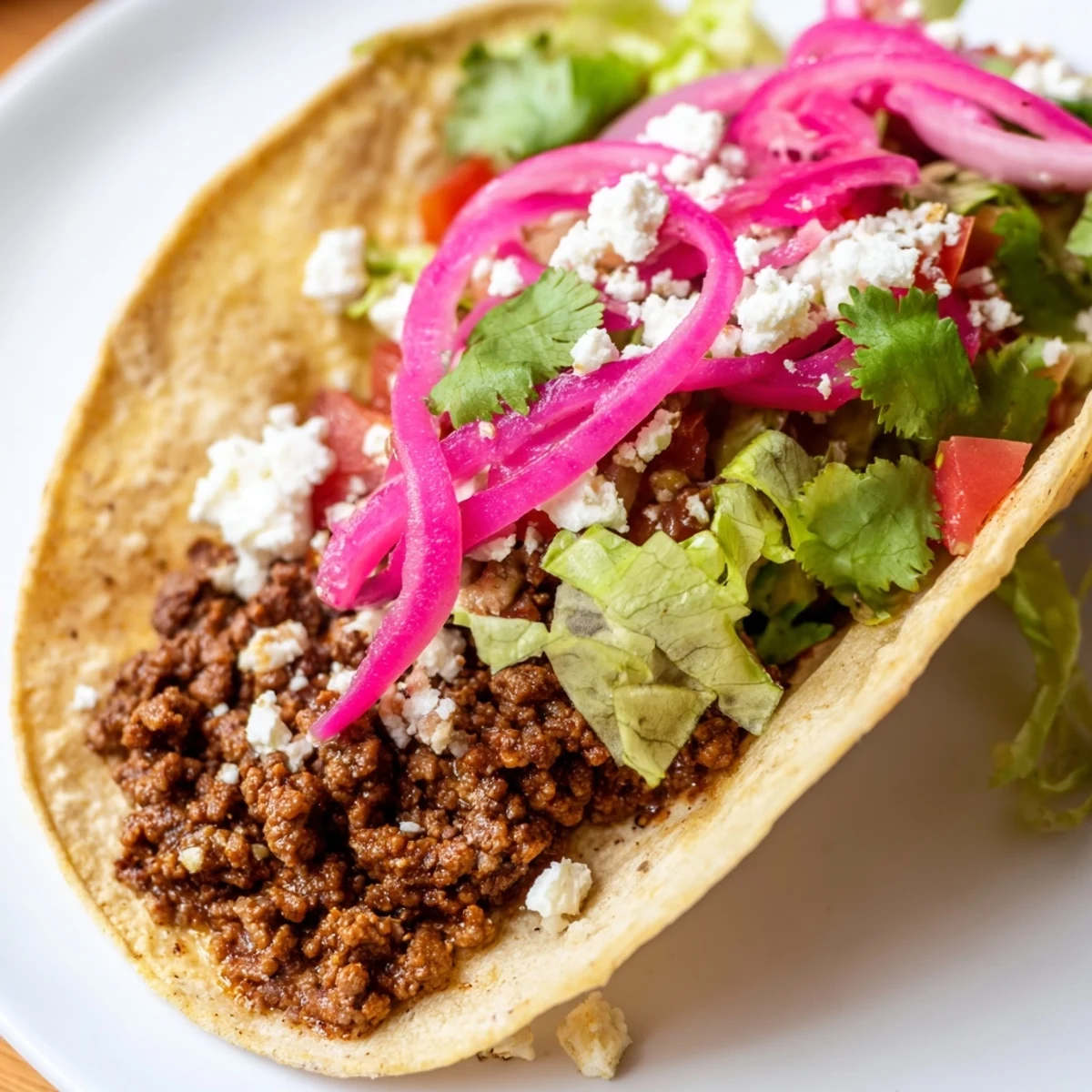 Juicy seasoned ground beef, vibrant pickled onions, and fresh cilantro fill warm corn tortillas for these Beef Tacos with Pickled Onions.