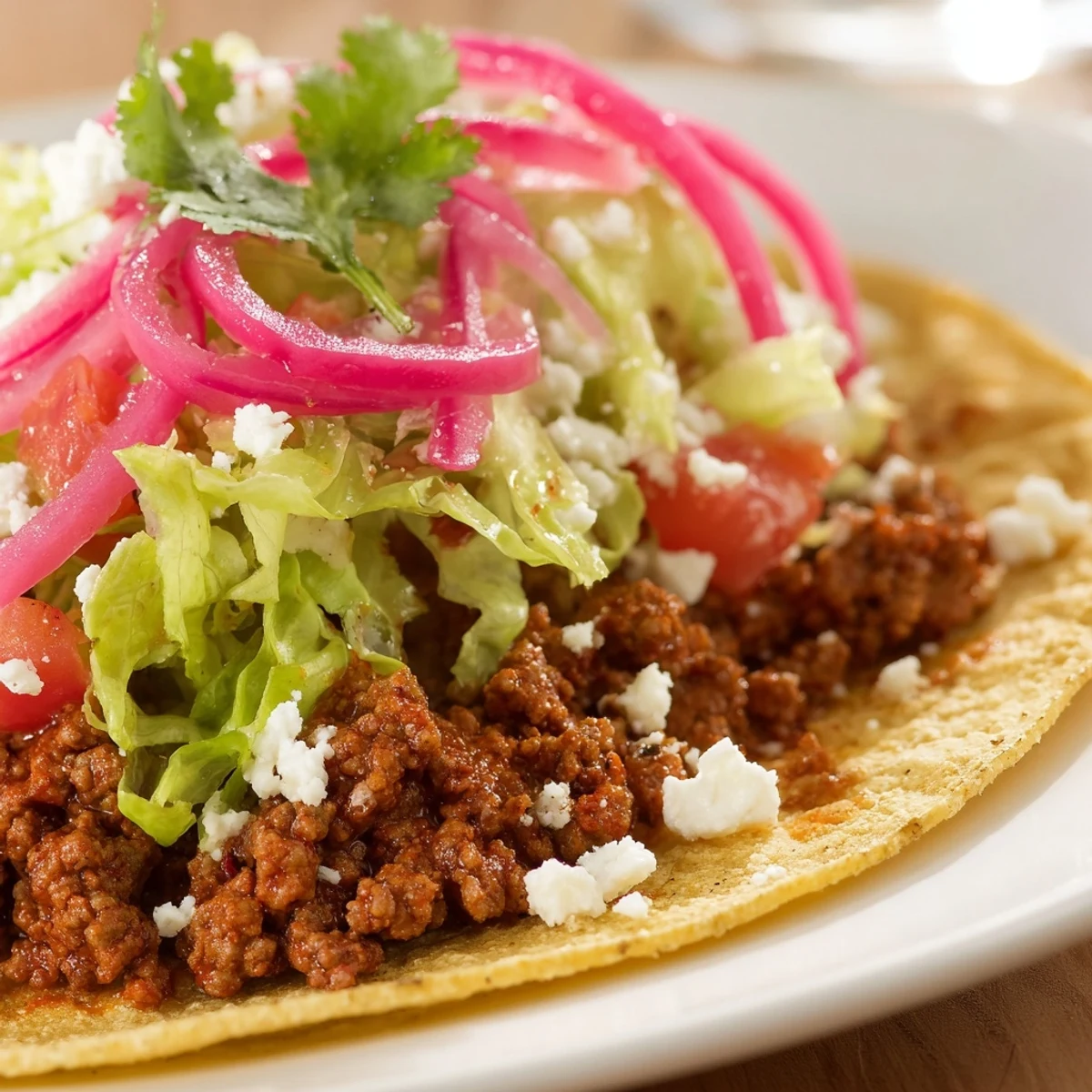Assembled Beef Tacos with Pickled Onions feature crumbled cotija cheese, diced tomatoes, and lime wedges on a plate, ready for a festive dinner.