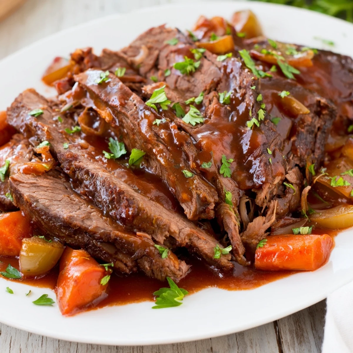 Tender slices of Slow Cooker Beef Brisket served with soft carrots and onions on a plate, ready for a family dinner.