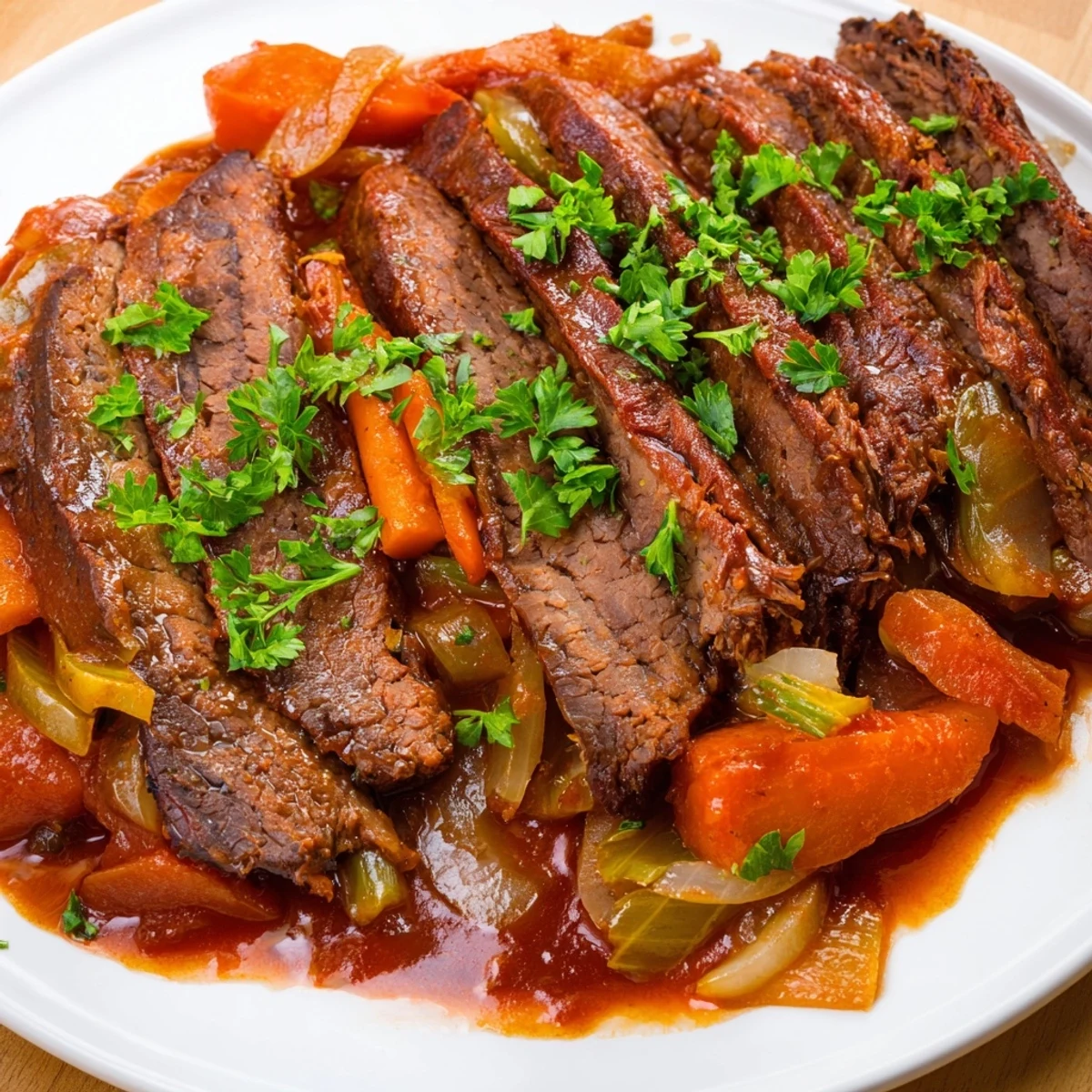 Slow Cooker Beef Brisket with smoky barbecue glaze, shredded for delicious sandwiches with a side of pickles and coleslaw.
