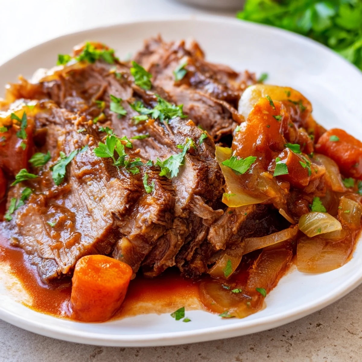 Fork-tender Slow Cooker Beef Brisket on a wooden board, garnished with fresh parsley and drizzled with rich pan juices.