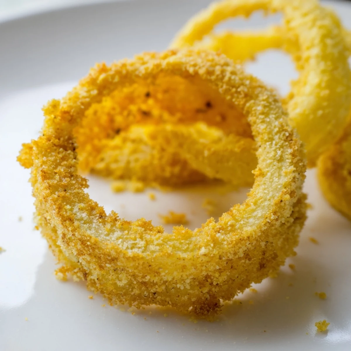 Close-up of Crispy Baked Onion Rings revealing fluffy insides and a smoky, seasoned breading, ready to eat.