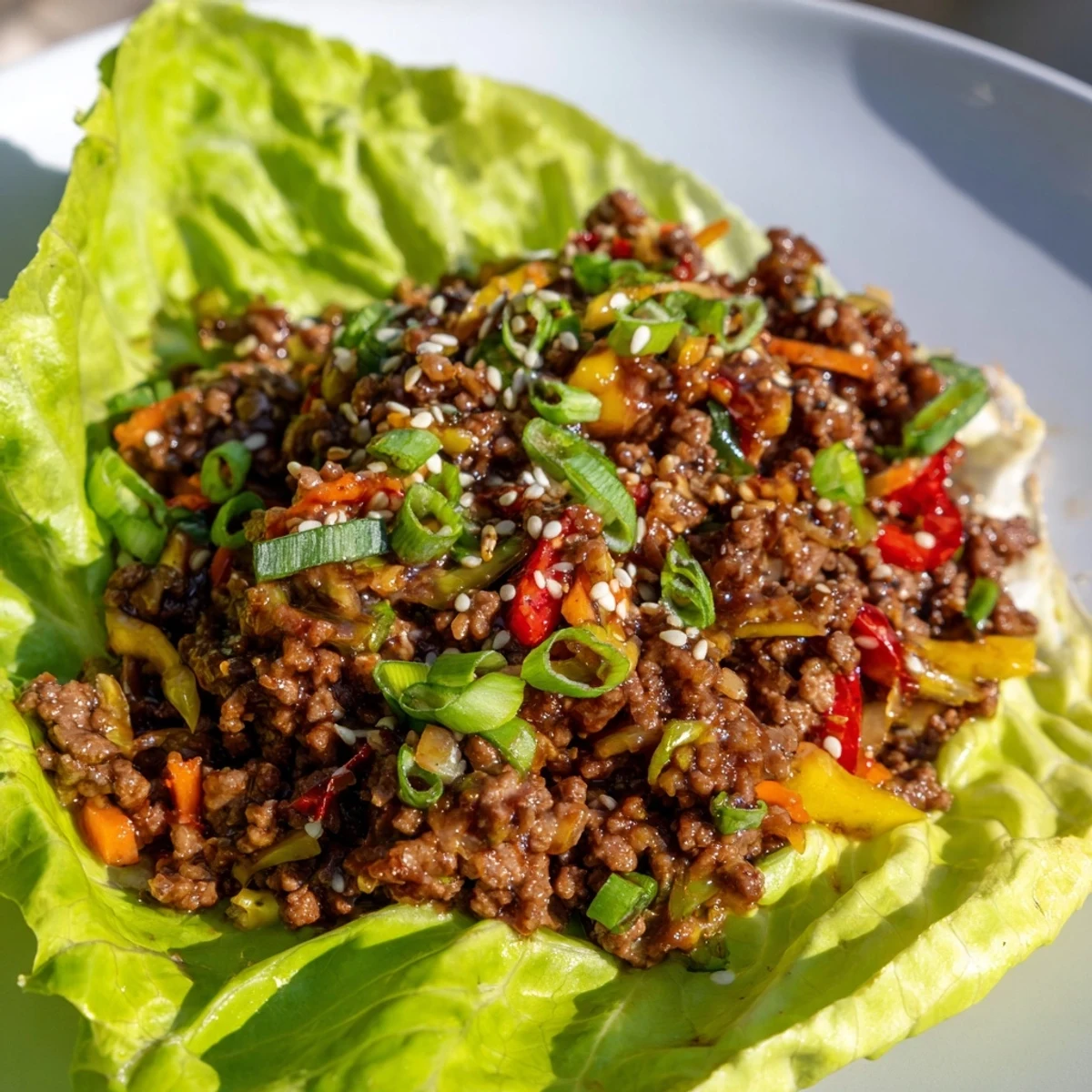 Homemade beef lettuce wraps with hoisin sauce garnished with green onions and sesame seeds.